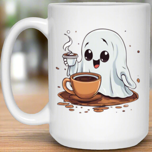 Adorable Ghost w/ Coffee | 15oz Mug | Cute Ghost