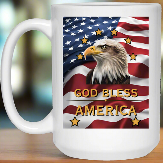 God Bless America | Eagle Head and Flag | 15oz Mug | Patriot